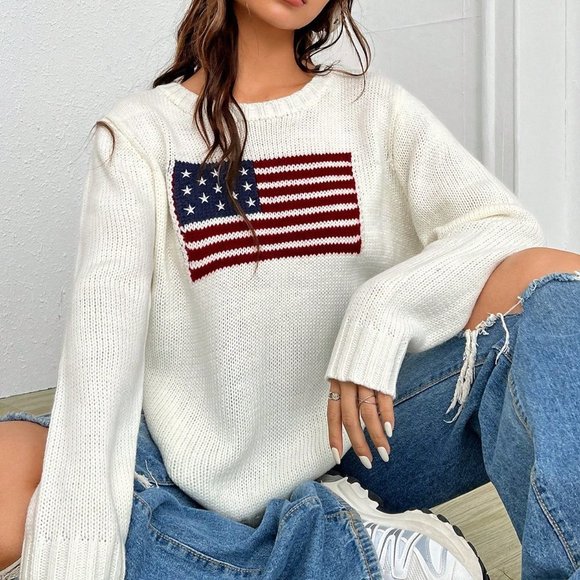 . Sweaters - White Casual Womens Flag Pattern Sweater